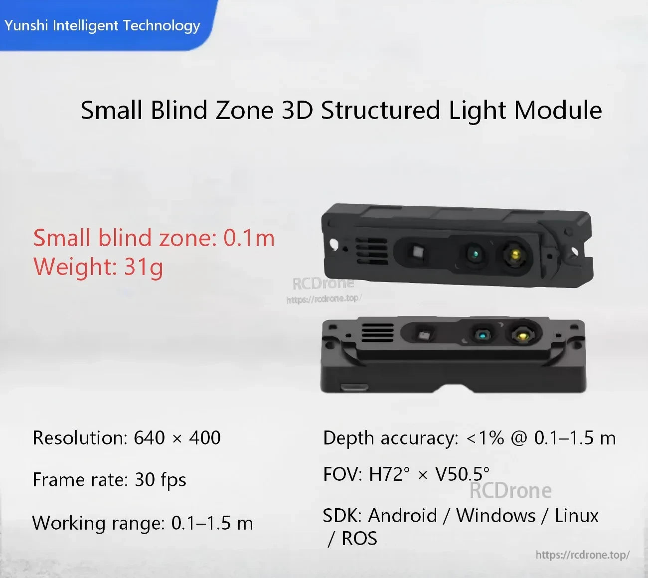 Yunshis iHawk072 3D structured light RGB‑D camera module with key specs: 0.1 m blind zone and 0.1–1.5 m range