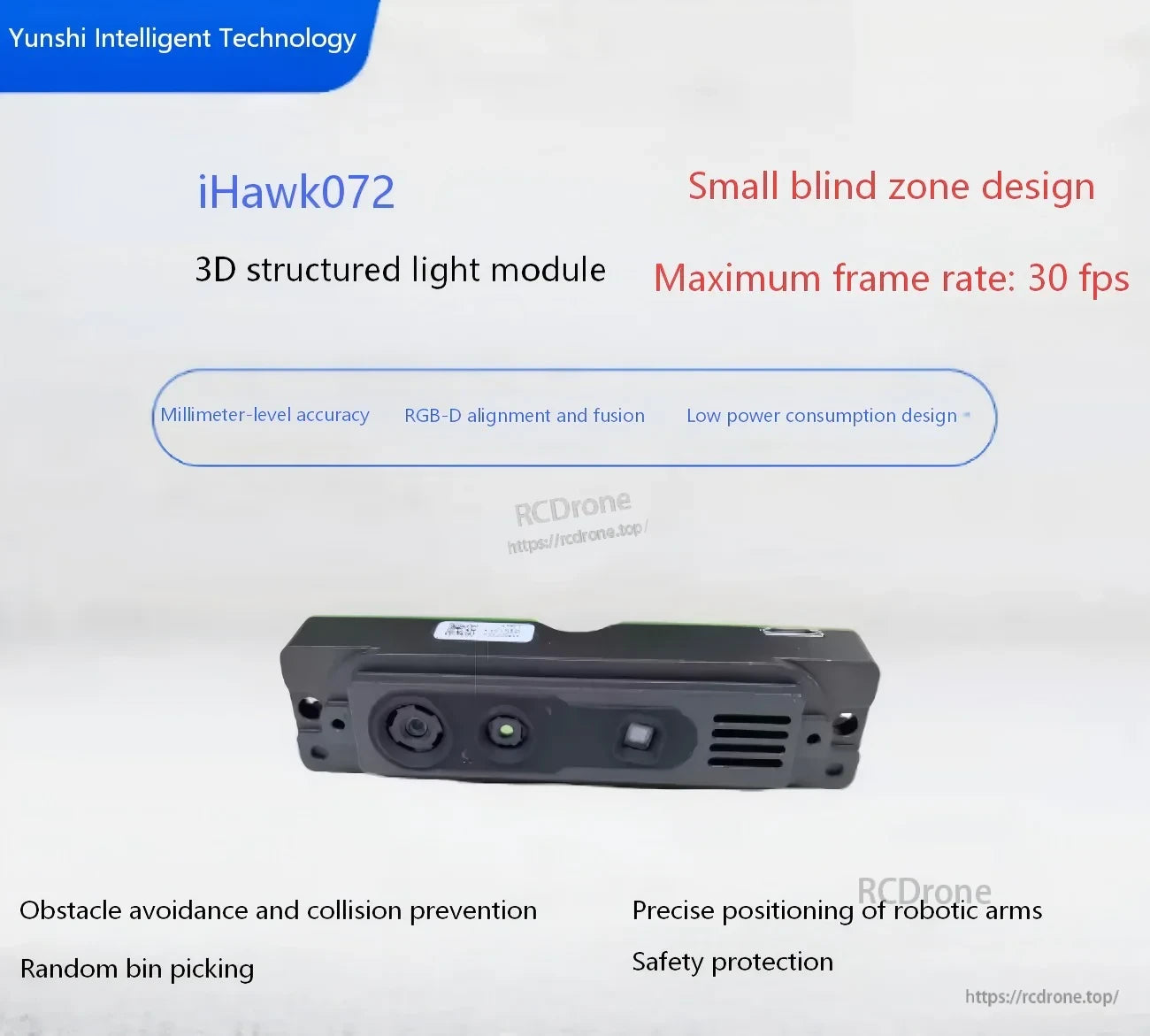 Yunshis iHawk072 RGB‑D depth camera front view highlighting small blind zone design, 30 fps maximum frame rate, and low power use