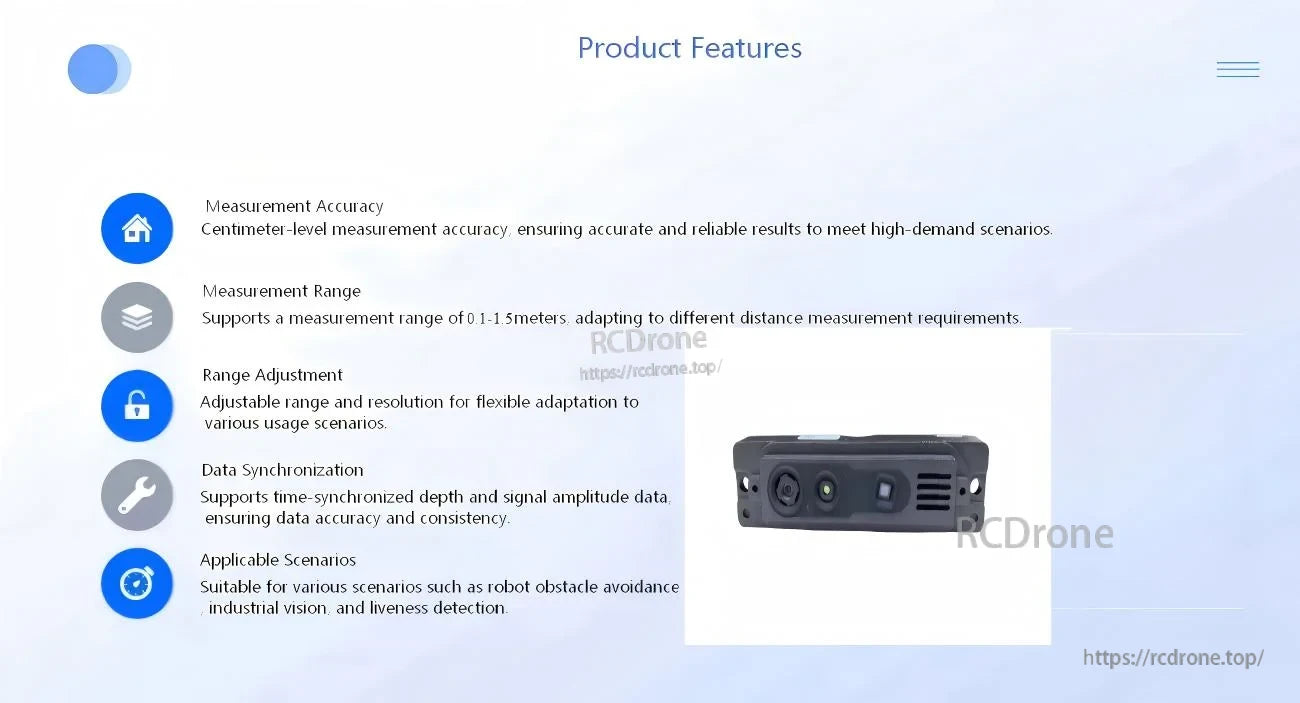 Product features slide for the structured light RGB‑D module covering measurement accuracy, range, range adjustment, and data sync