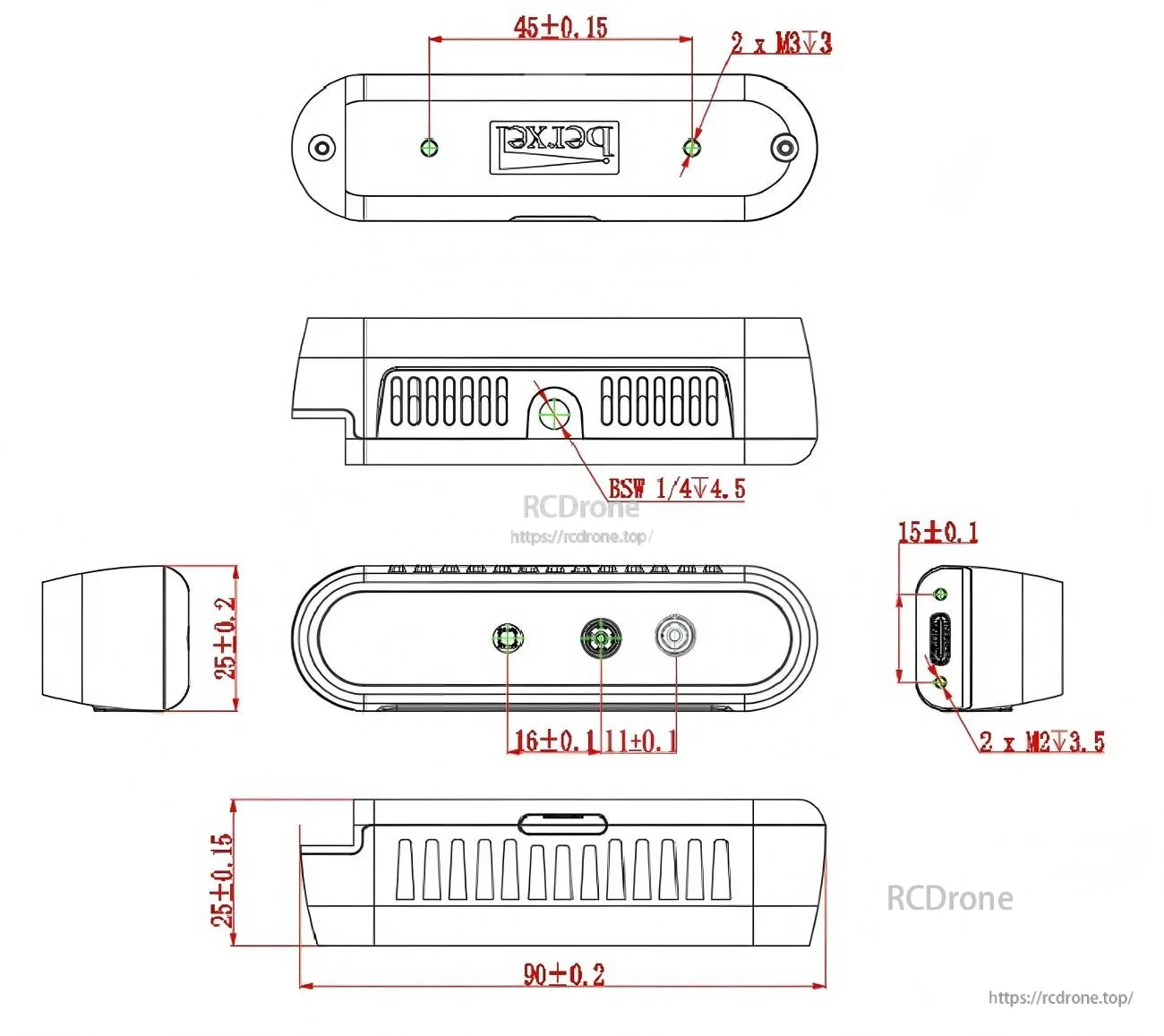 Mechanical dimension drawing of the iHawk072 housing with 90 mm length, 25 mm height, mounting holes, and front sensor positions