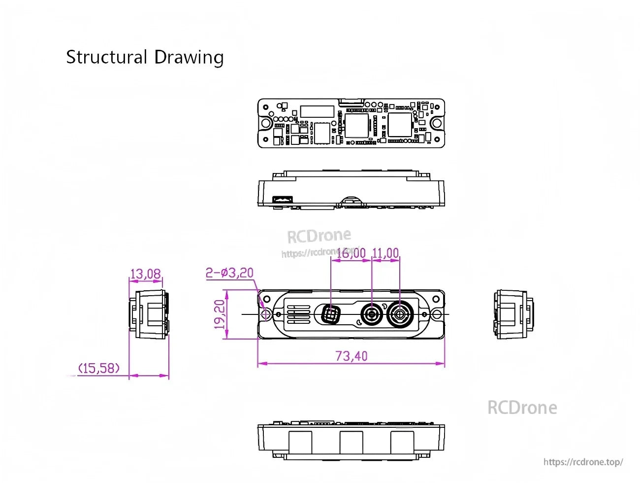 Structural drawing with multi‑view dimensions for the camera module, including a 73.40 mm length and front sensor spacing