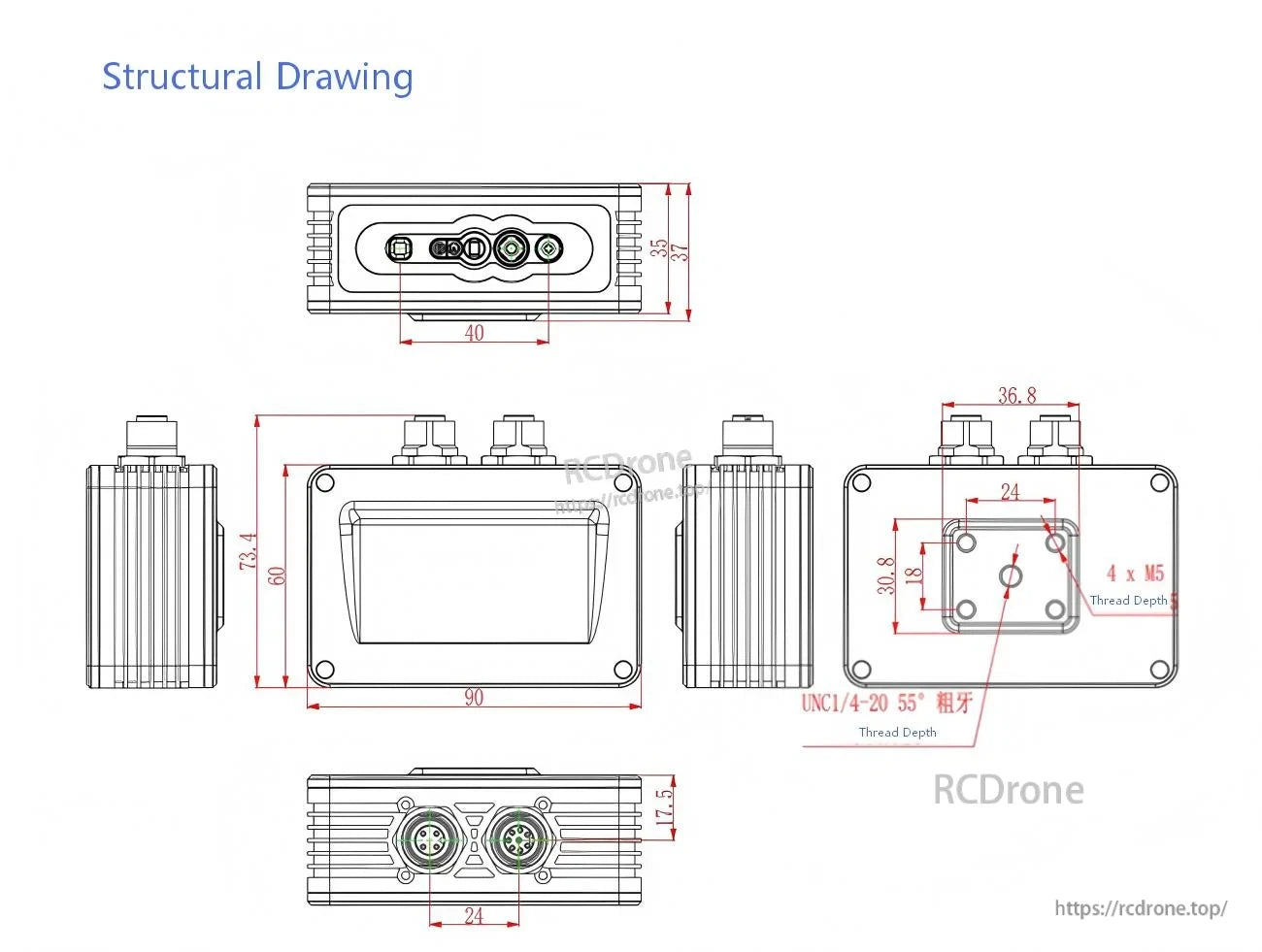 Yunshis iHawk100E 3D Depth Camera structural drawing with overall dimensions and connector layout for mounting and integration