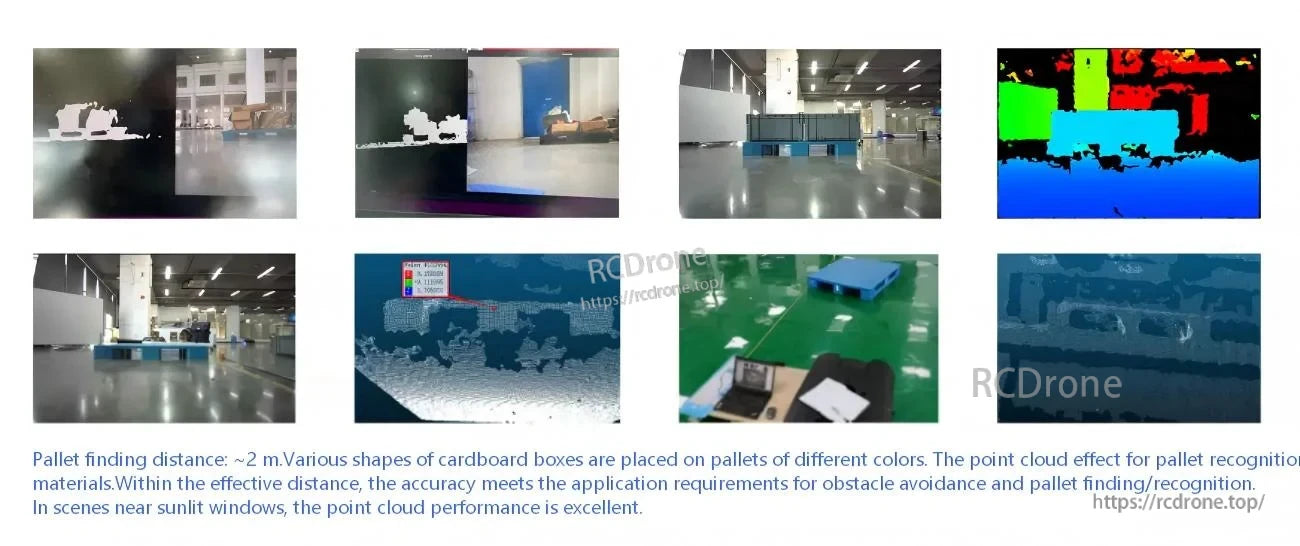 Pallet finding point-cloud and depth results demonstrating scene capture around 2 m for warehouse obstacle avoidance tasks