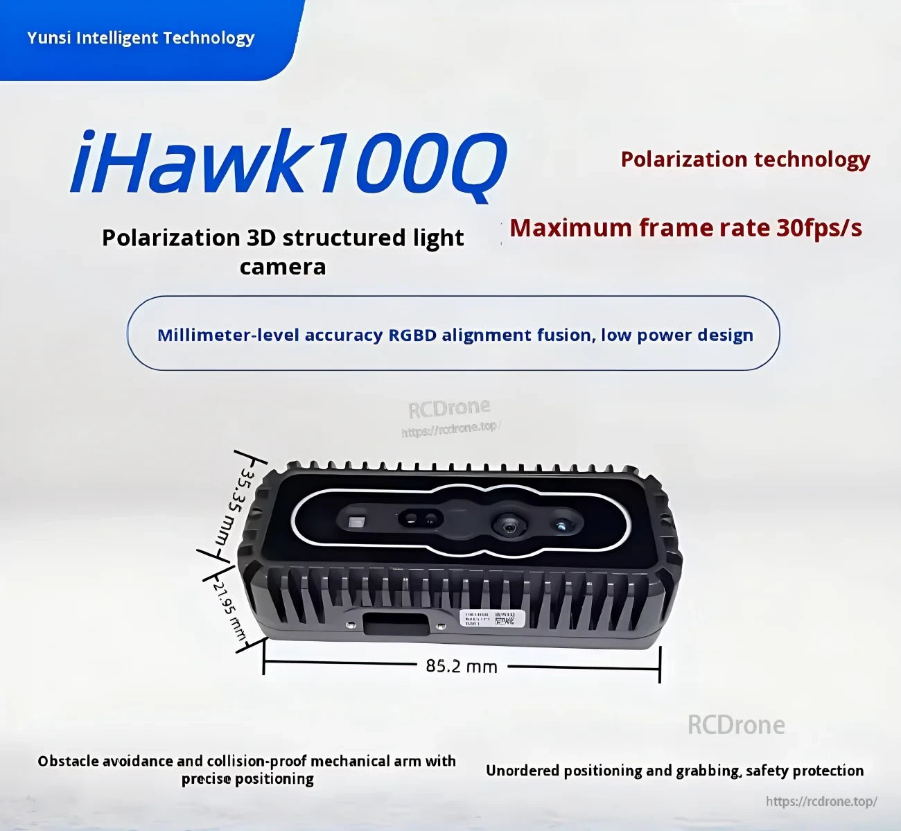 Yunshis iHawk100Q Camera polarization 3D structured light depth camera with 85.2 mm body size callout