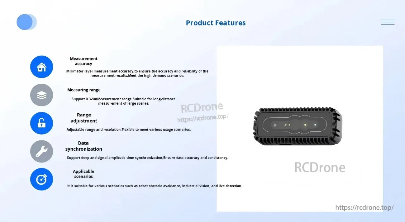 Product features slide for iHawk100Q highlighting measurement accuracy, range, synchronization data, and application scenes