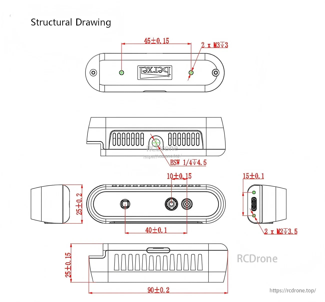 Structural dimension drawing of the iHawk100Q camera with multiple views and mounting hole measurements