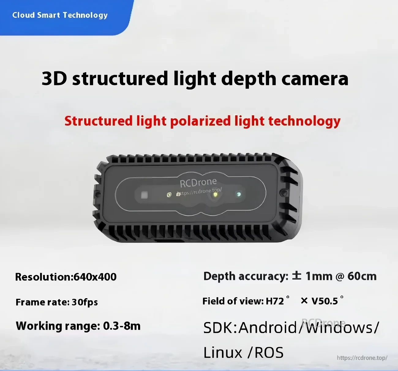 Front view of Yunshis iHawk100Q structured light depth camera with key specs: 640×400, 30 fps, 0.3–8 m range