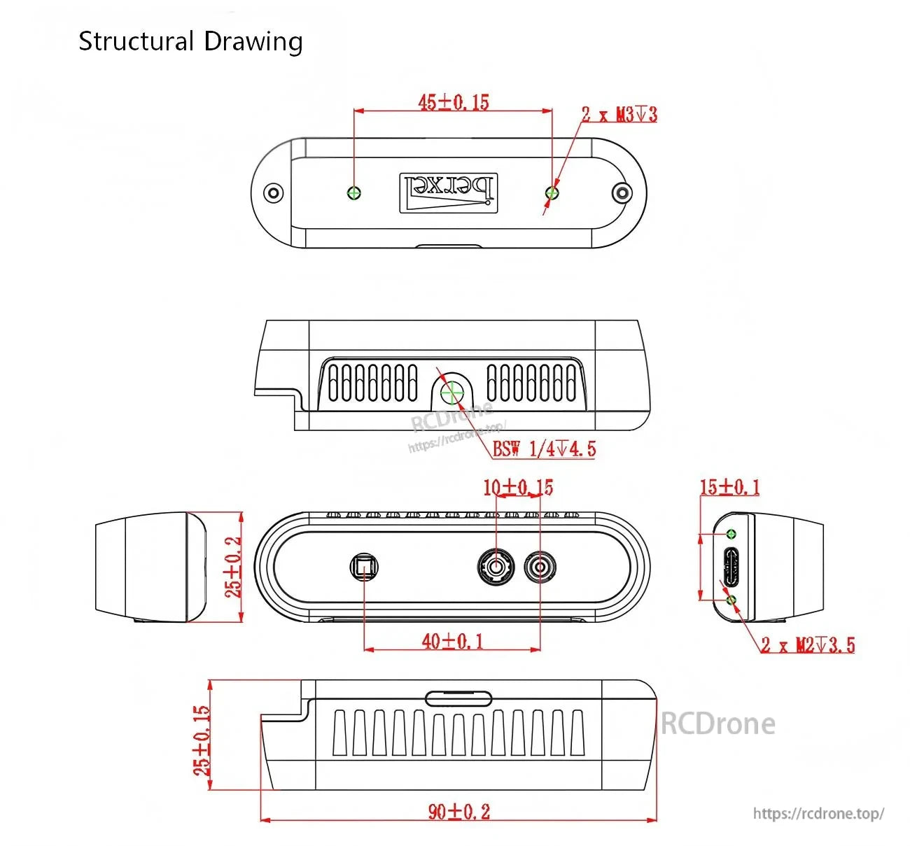 Mechanical dimension drawing of the iHawk100R/iHawkP100R camera with mounting threads and baseline measurements