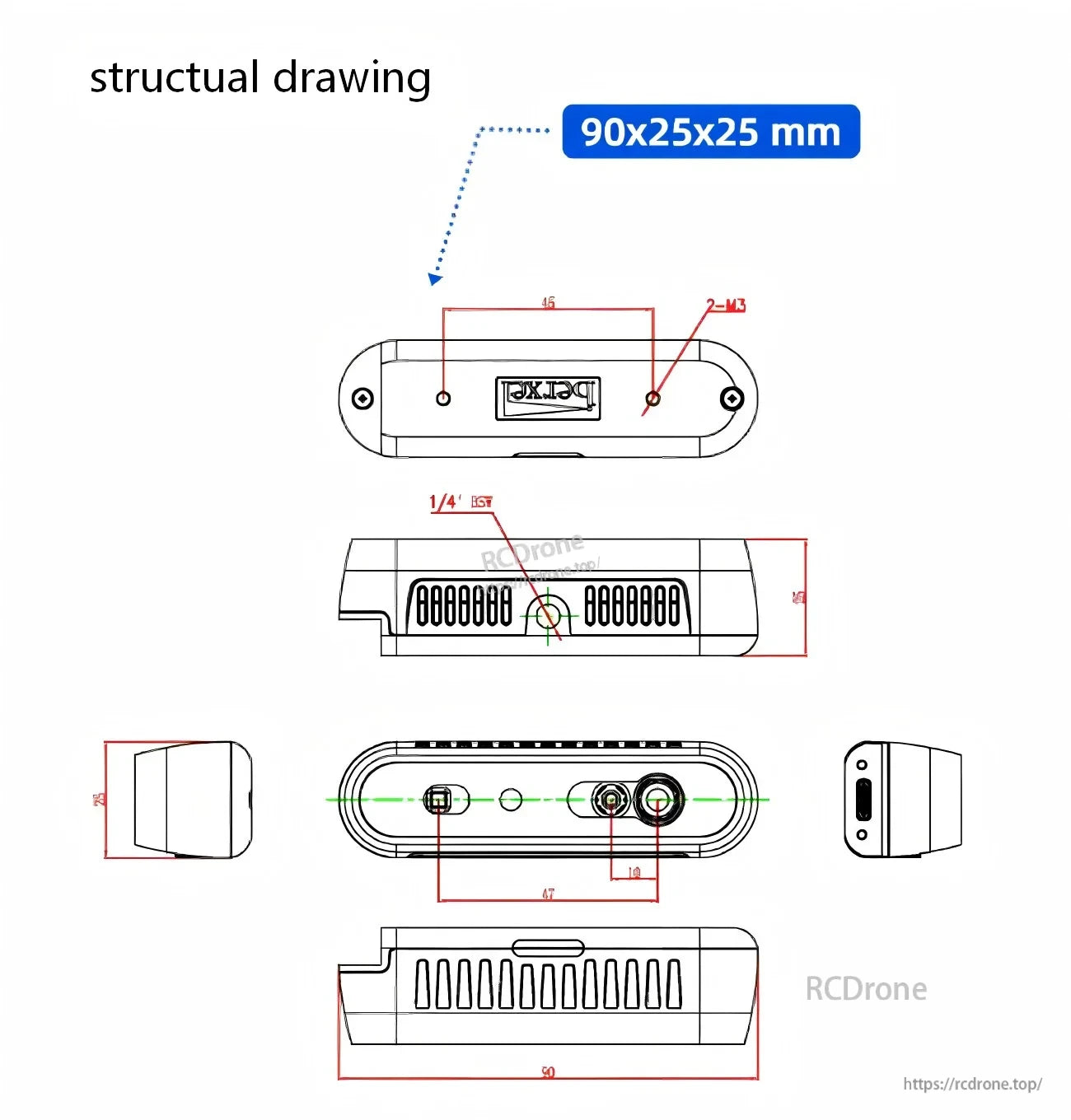 Yunshis iHawk150W 3D Depth Camera mechanical drawing with dimensions and connector placement views