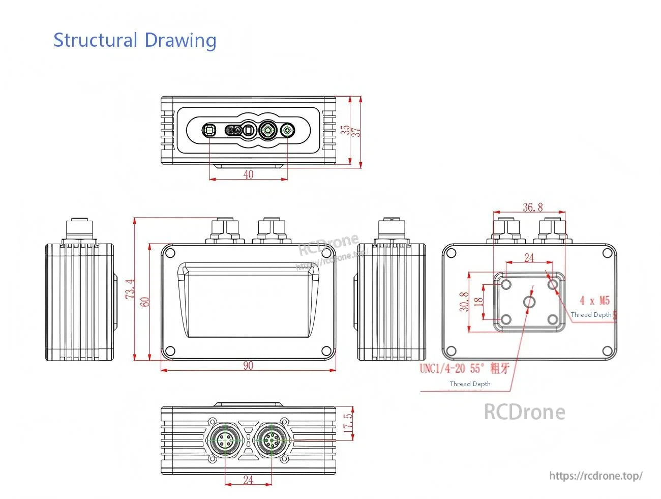 Mechanical dimension drawing of iHawkP100E camera with mounting hole layout and connector placement for integration