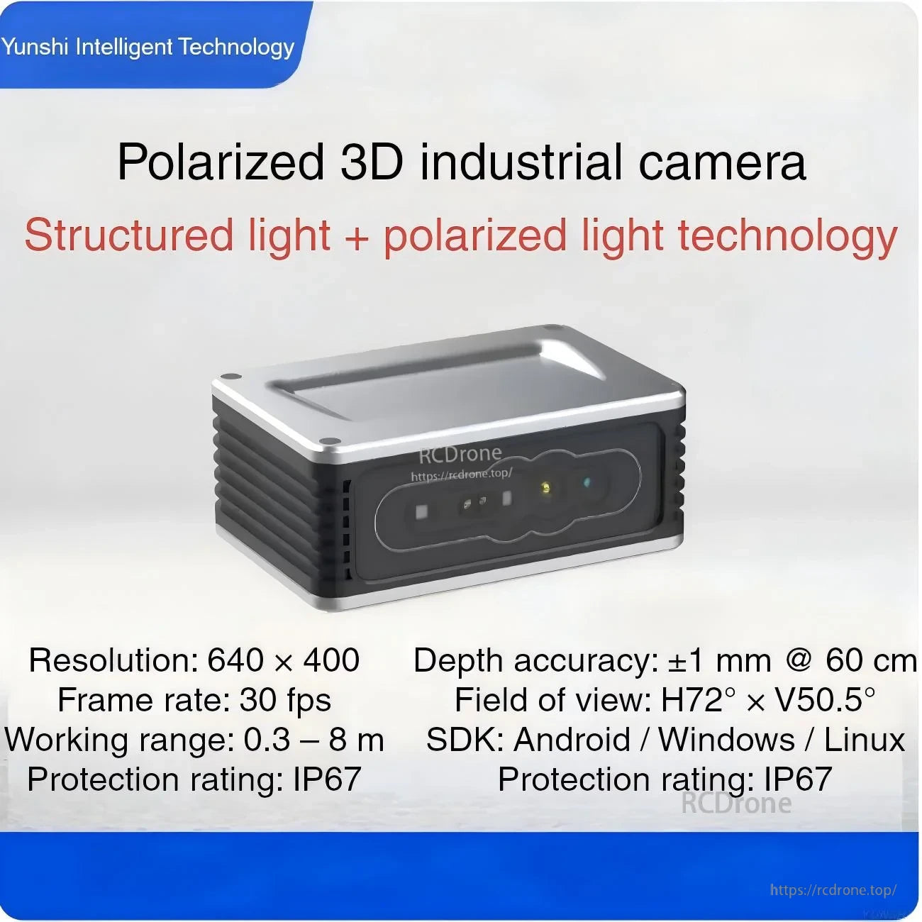 Angled view of the iHawkP100E polarized 3D industrial structured-light camera highlighting IP67 rugged enclosure