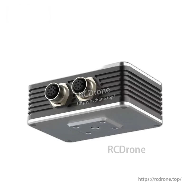 Bottom side view of camera body with two circular connectors and ribbed IP-style enclosure