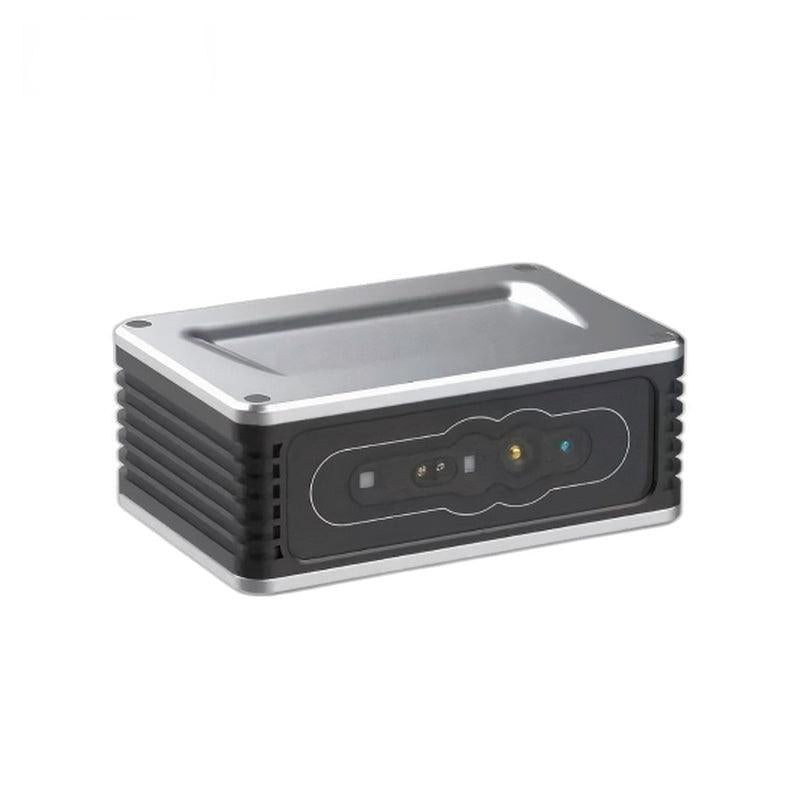 Angled view of iHawkP100E structured light RGB-D camera housing showing front sensor window and fins