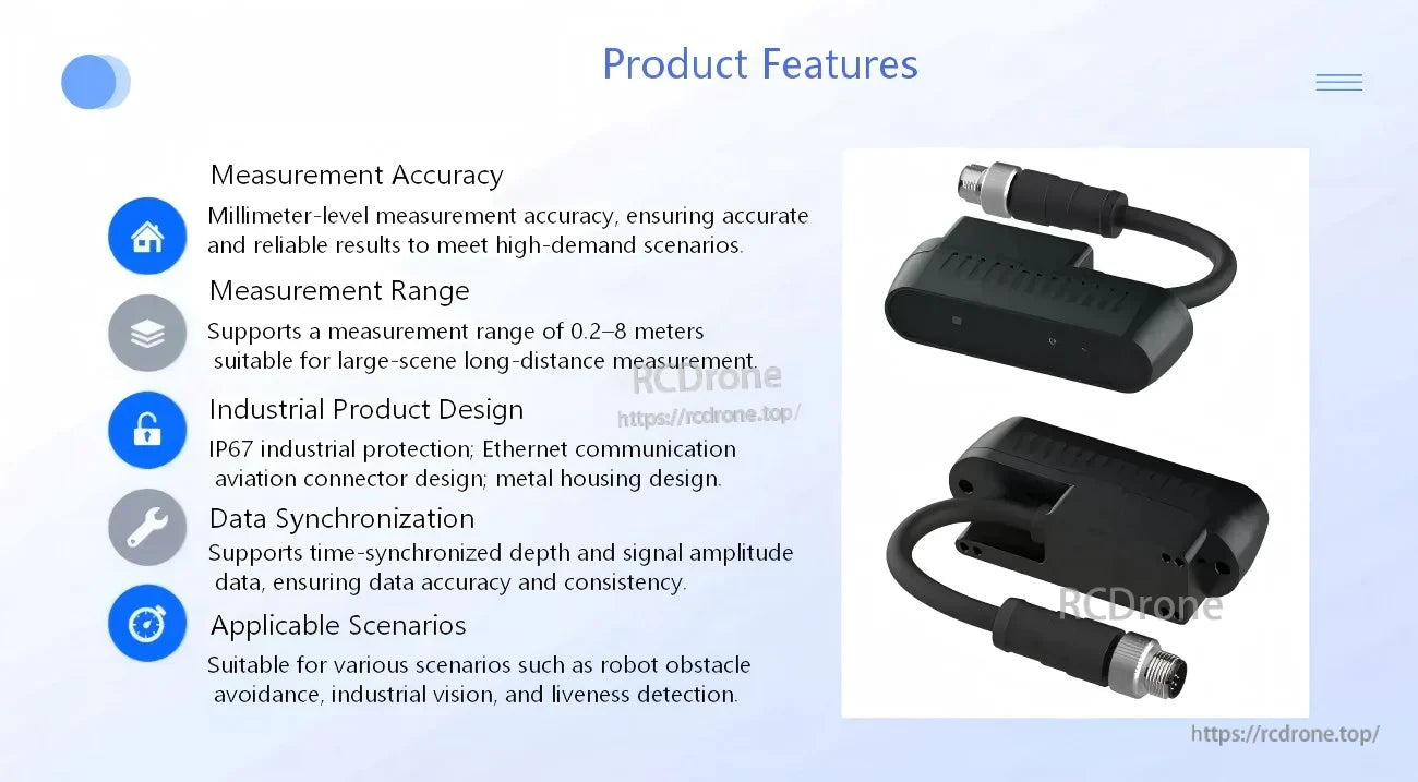 Product features slide for iHawkP150E 3D camera listing measurement range, time sync, and rugged metal housing