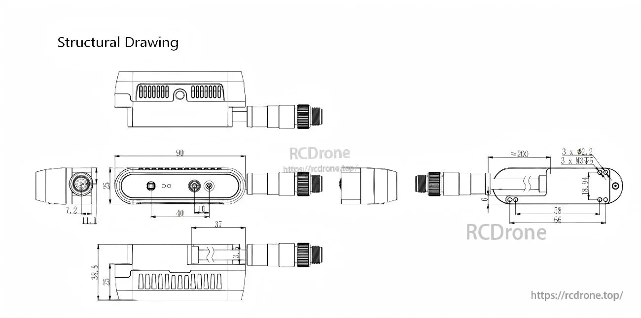 iHawkP150E camera structural drawing with mechanical dimensions and connector layout for mounting design