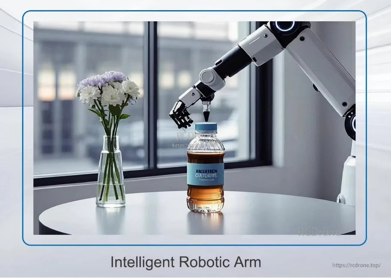 Robotic arm grasping a bottle, illustrating industrial automation and precise positioning use cases