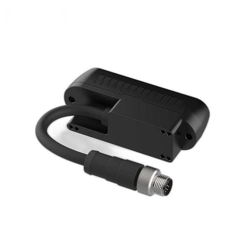 Rear and underside view showing mounting base and attached cable with threaded multi-pin connector