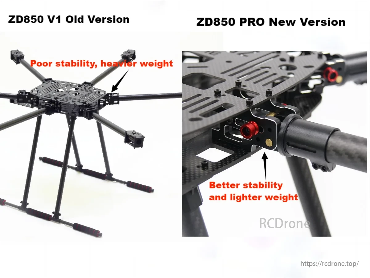 ZD850 Pro FPV Drone Frame, The ZD850 V1 is heavy and unstable, whereas the ZD850 PRO is lighter and more stable for enhanced performance.