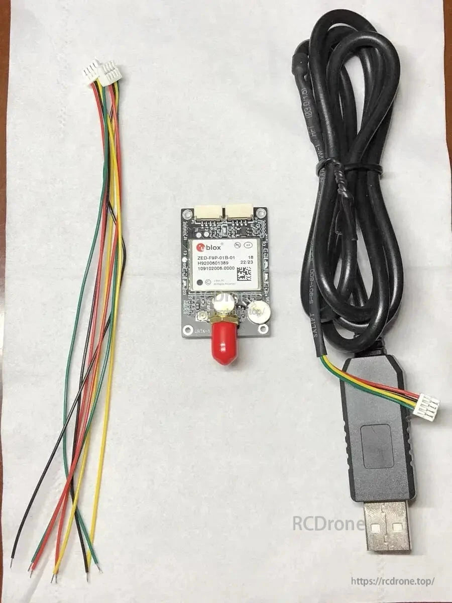 ZED-F9P-01B-01 GNSS Board (u-blox) RTK GPS, u-blox ZED-F9P GNSS RTK GPS board with SMA antenna connector, wiring harness, and USB cable