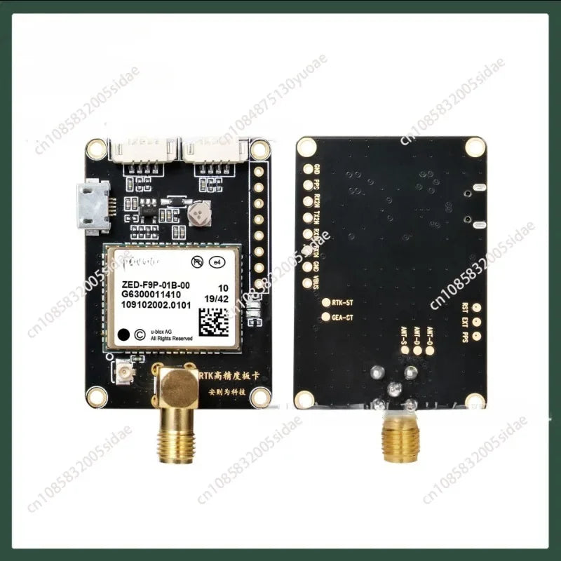 ZED-F9P GNSS development board with u-blox ZED-F9P module, USB-C port, SMA antenna connector, and pin headers