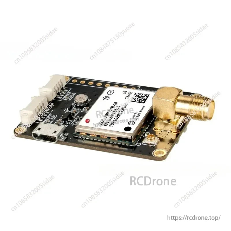 ZED-F9P GNSS development board with USB-C port, JST-GH connectors, and right-angle SMA antenna jack