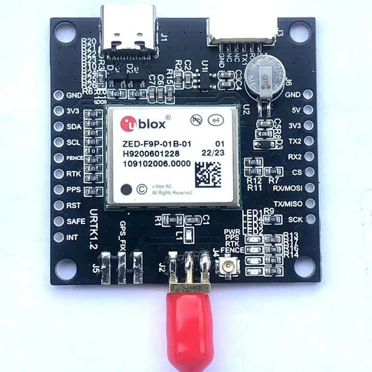 ZED-F9P-01B-01 RTK GNSS receiver board with USB-C port, pin headers, and U.FL antenna connector