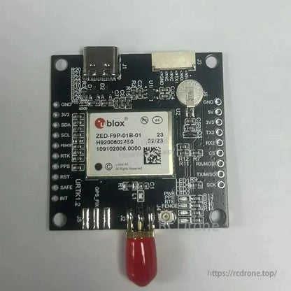 u-blox ZED-F9P RTK GNSS receiver board with USB-C port, SMA antenna connector, and labeled pin headers