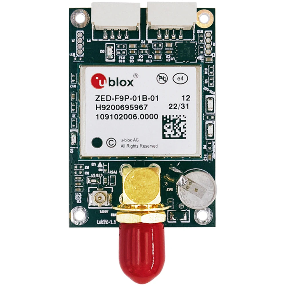 u-blox ZED-F9P-01B-01 RTK GNSS/GPS module on PCB with dual connectors and SMA antenna port