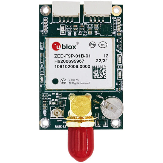 u-blox ZED-F9P-01B-01 RTK GNSS/GPS module on PCB with dual connectors and SMA antenna port