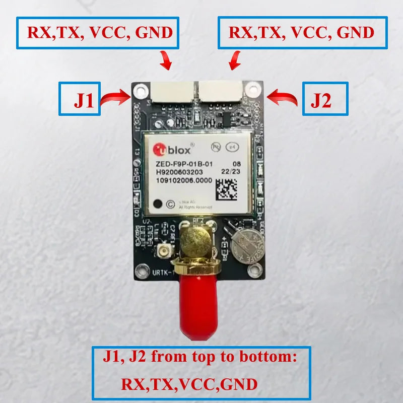 u-blox ZED-F9P-01B-01 RTK GNSS/GPS board with antenna connector and J1/J2 RX TX VCC GND pinout labels