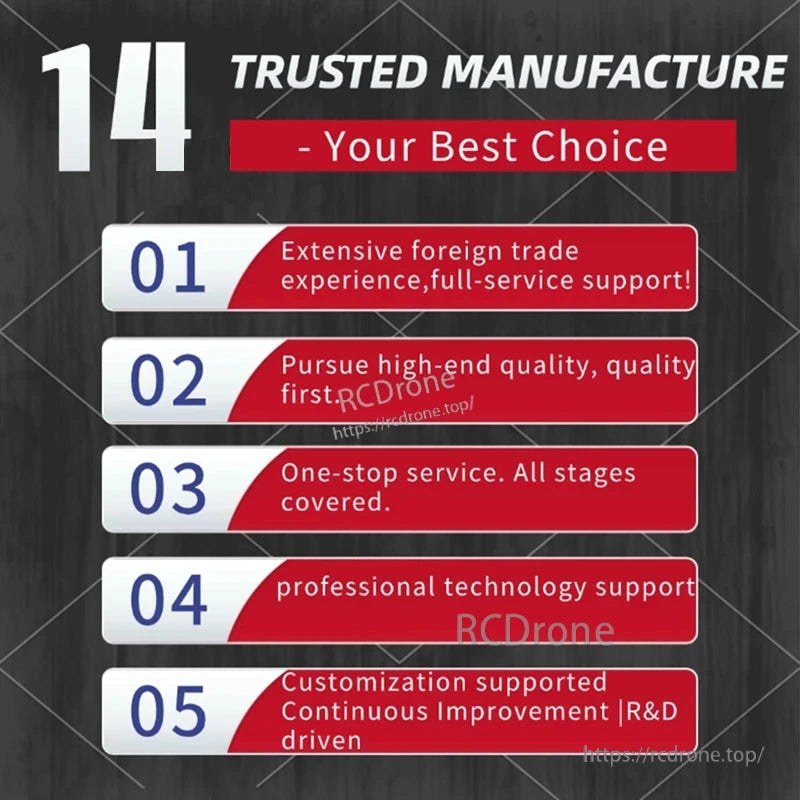 ZED-F9P-01B-01 RTK GNSS/GPS, Trusted manufacture infographic listing five service points: foreign trade support, quality first, one-stop service, tech support, and R&D.