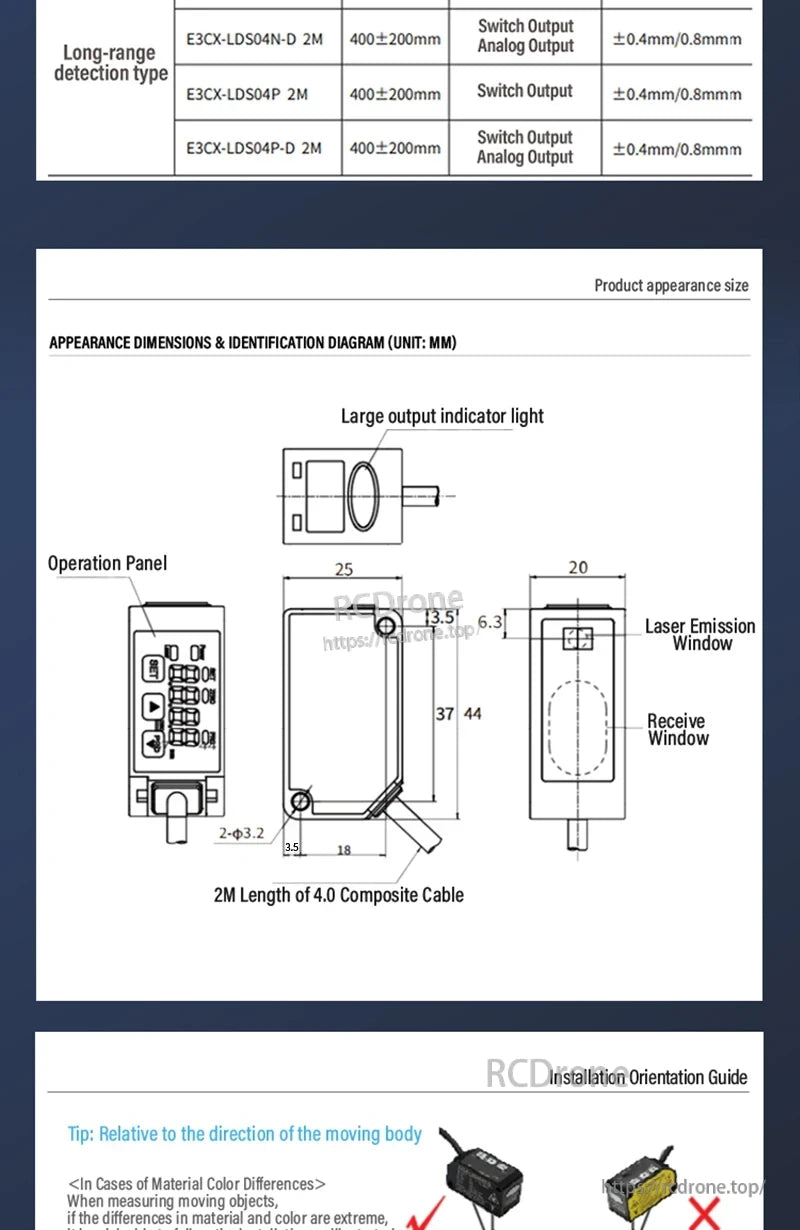ZHICAN E3CX-LDS Laser Displacement Sensor, The ZHICAN E3CX-LDS laser sensor features 400±200mm range, ±0.4mm/0.8mm accuracy, compact size, analog/switch outputs, and includes cable, panel, and guide.