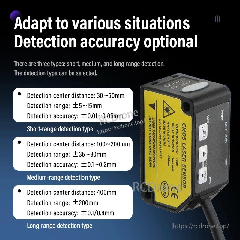 ZHICAN E3CX-LDS Laser Displacement Sensor, ZHICAN E3CX-LDS laser sensor offers short to long-range detection with CMOS, adjustable accuracy, multiple outputs, and precise distance measurement for various applications. (24 words)