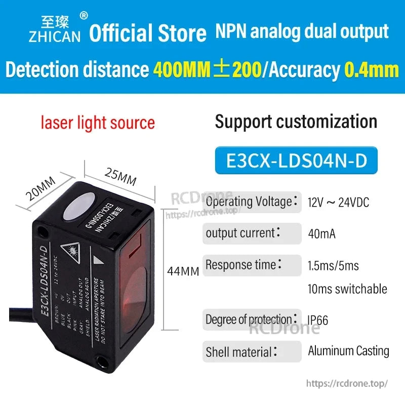 ZHICAN E3CX-LDS Laser Displacement Sensor, ZHICAN E3CX-LDS04N-D laser sensor: 400mm±200 range, 0.4mm accuracy, NPN analog output, 12-24VDC, IP66 aluminum housing, customizable, 1.5/5ms response.