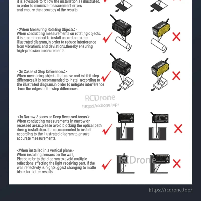 ZHICAN E3CX-LDS Laser Displacement Sensor, Install ZHICAN E3CX-LDS sensor properly on rotating objects, step differences, narrow spaces, and vertical walls to minimize errors and ensure accurate measurements.