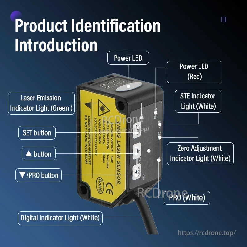 ZHICAN E3CX-LDS Laser Displacement Sensor, Laser displacement sensor features power, laser, STE, and zero indicators, digital display, and SET, up, and PRO buttons for operation and calibration. (24 words)