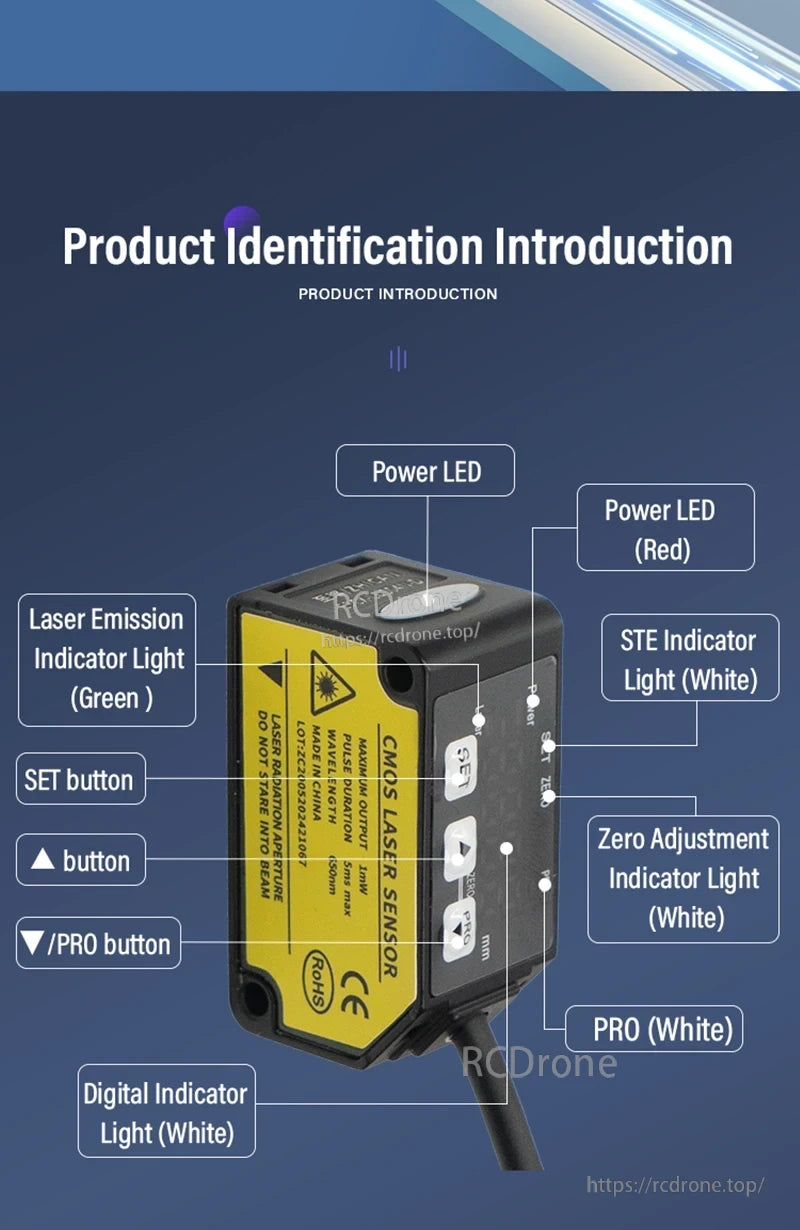 ZHICAN E3CX-LDS Laser Displacement Sensor, CMOS laser sensor with power, SET, zero adjustment, digital indicators, up/down/PRO buttons, laser emission indicator; CE and RoHS compliant. (24 words)