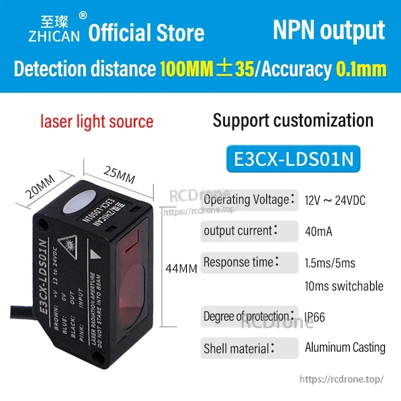 ZHICAN E3CX-LDS Laser Displacement Sensor, ZHICAN E3CX-LDS01N laser sensor: NPN output, 100mm±35 detection, 0.1mm accuracy, 12-24VDC, IP66, aluminum housing, customizable.