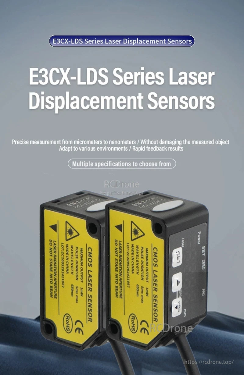 ZHICAN E3CX-LDS Laser Displacement Sensor, E3CX-LDS laser sensors provide non-contact, precise micrometer to nanometer measurements with fast feedback, environmental adaptability, CMOS laser (650nm, 1mW), and CE/ROHS compliance.