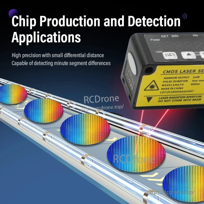 ZHICAN E3CX-LDS Laser Displacement Sensor, High-precision CMOS laser sensor (650nm, 1mW) for chip production; detects minute differences, offers multiple outputs; compact, reliable, safe—avoid laser exposure.