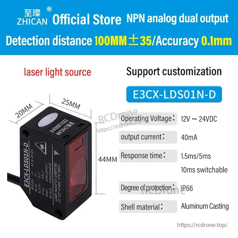 ZHICAN E3CX-LDS Laser Displacement Sensor, ZHICAN E3CX-LDS01N-D laser sensor: NPN analog dual output, 100mm±35mm range, 0.1mm accuracy, 12-24VDC, IP66 aluminum housing, customizable, 40mA, 1.5/5ms response.