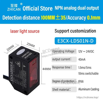ZHICAN E3CX-LDS Laser Displacement Sensor, ZHICAN E3CX-LDS01N-D laser sensor: NPN analog dual output, 100mm±35mm range, 0.1mm accuracy, 12-24VDC, IP66 aluminum housing, customizable, 40mA, 1.5/5ms response.