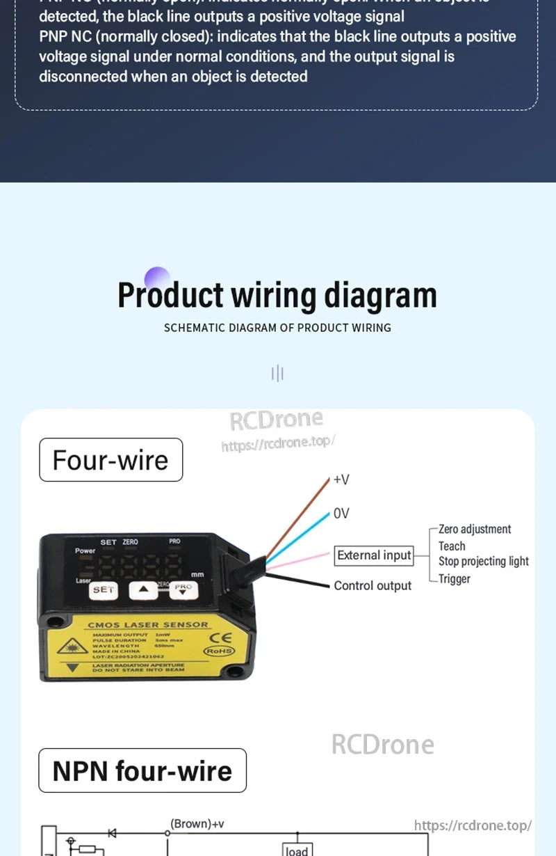 ZHICAN E3CX-LDS Laser Displacement Sensor, The ZHICAN E3CX-LDS laser sensor features four-wire NPN output, power, zero adjustment, teach, trigger functions, and simple connections for easy setup.