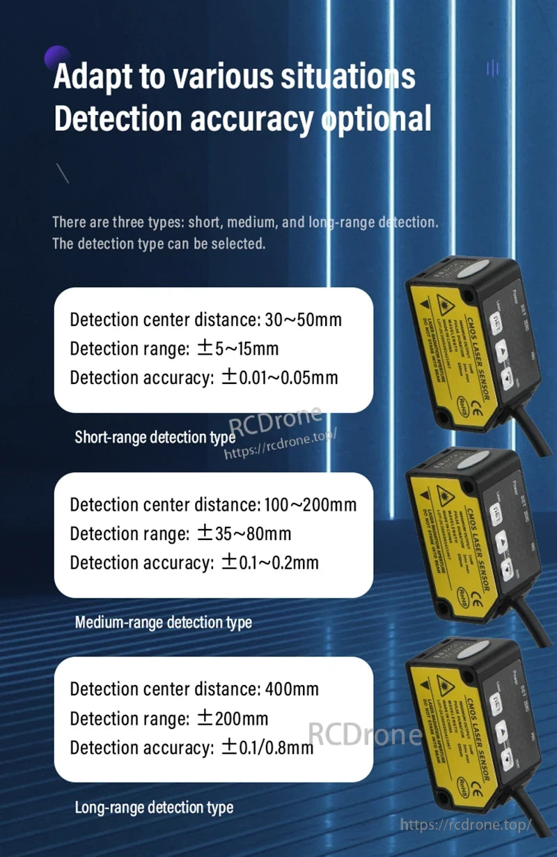 ZHICAN E3CX-LDS Laser Displacement Sensor, High-precision laser sensor (±0.01–0.8mm accuracy), 30–400mm center distance, ±5–200mm range; ideal for adaptable industrial detection needs.