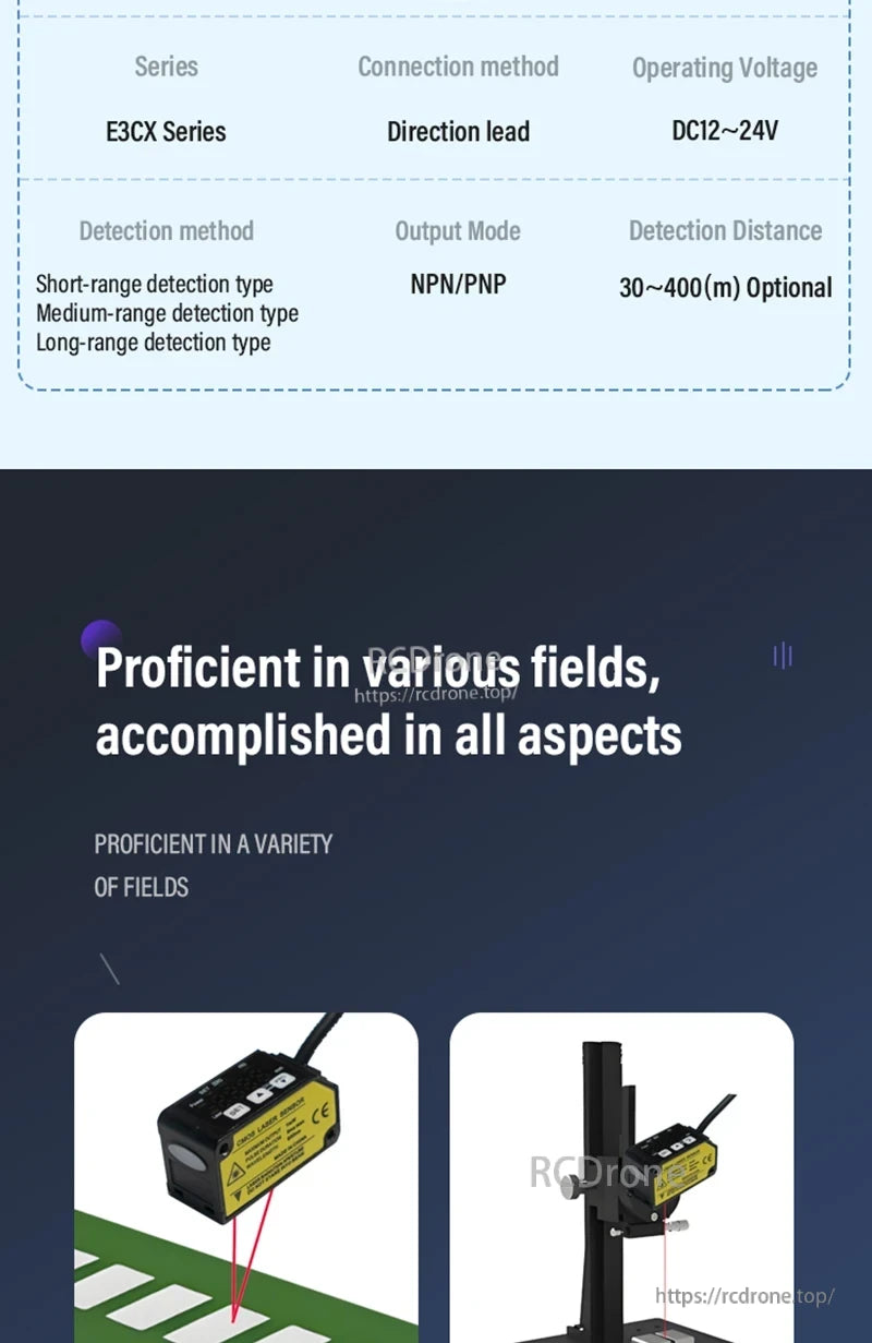 ZHICAN E3CX-LDS Laser Displacement Sensor, E3CX Series laser sensor, DC12-24V, NPN/PNP output, lead connection, 30–400m range. Suitable for various short to long-range applications. (24 words)