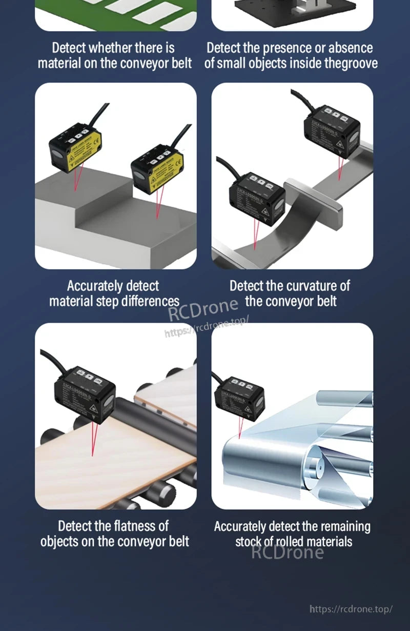ZHICAN E3CX-LDS Laser Displacement Sensor, Detects small objects, step differences, belt curvature, flatness, groove materials, and remaining rolled stock on conveyor belts.