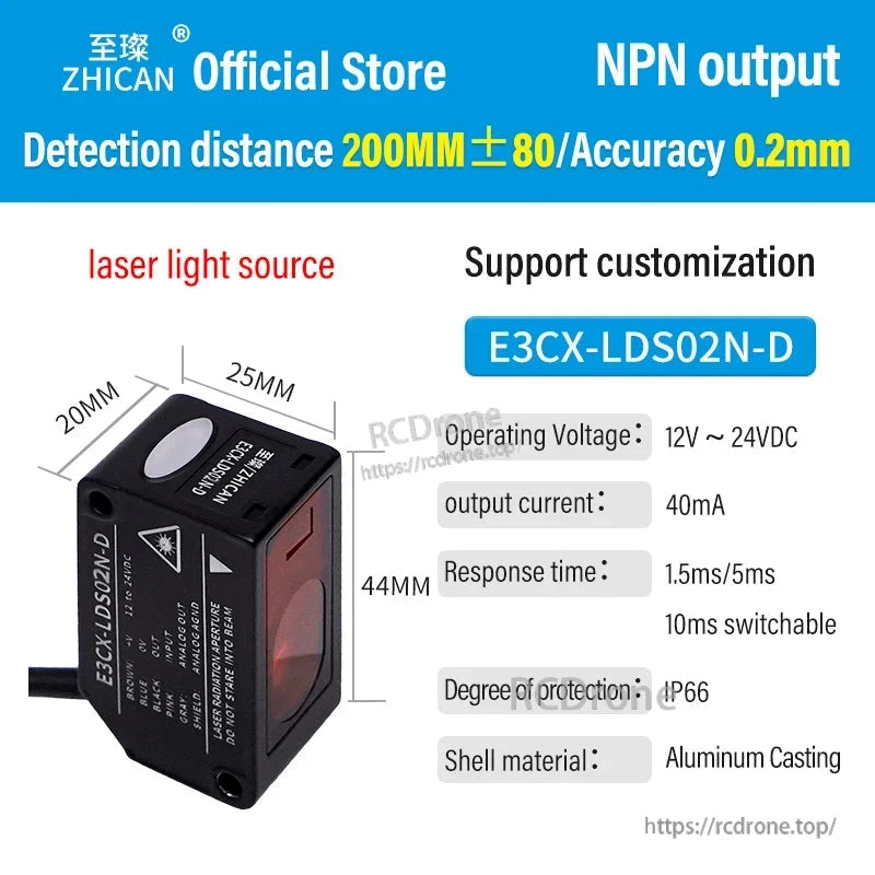 ZHICAN E3CX-LDS Laser Displacement Sensor, ZHICAN E3CX-LDS02N-D laser sensor: NPN output, 200mm±80 range, 0.2mm accuracy, 12-24VDC, IP66, aluminum case, customizable, 1.5/5ms response, 40mA.