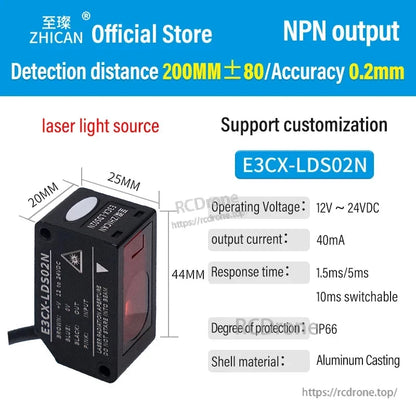 ZHICAN E3CX-LDS Laser Displacement Sensor, ZHICAN E3CX-LDS02N laser sensor: 200mm±80 detection, 0.2mm accuracy, 12-24VDC, IP66 aluminum housing, 1.5–10ms response, customizable NPN output.