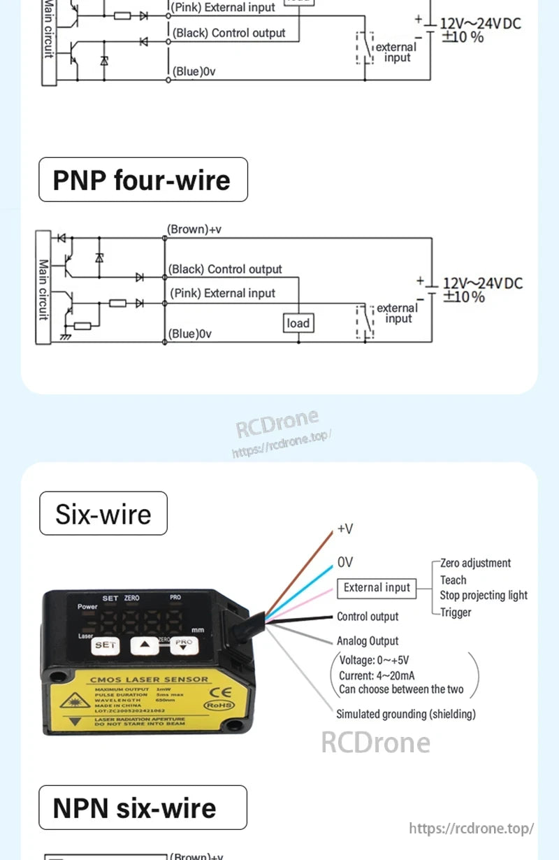 ZHICAN E3CX-LDS Laser Displacement Sensor, Compact laser displacement sensor with CMOS laser, analog output options, PNP/NPN support, and multiple control functions including zero adjustment, teach, trigger, and simulated grounding.