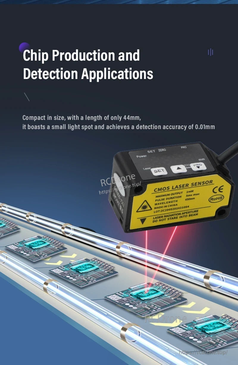 ZHICAN E3CX-LDS Laser Displacement Sensor, Compact 44mm CMOS laser sensor with 0.01mm accuracy, 650nm wavelength, 1mW output. RoHS compliant, ideal for precise alignment and detection in chip production. (24 words)